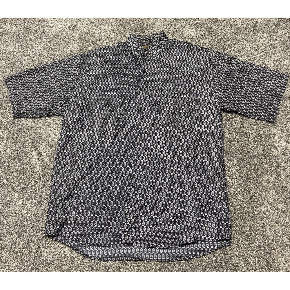 Utopia Silk Button-Up Shirt Men's M Navy Geometric Short Sleeve Retro 90s Street